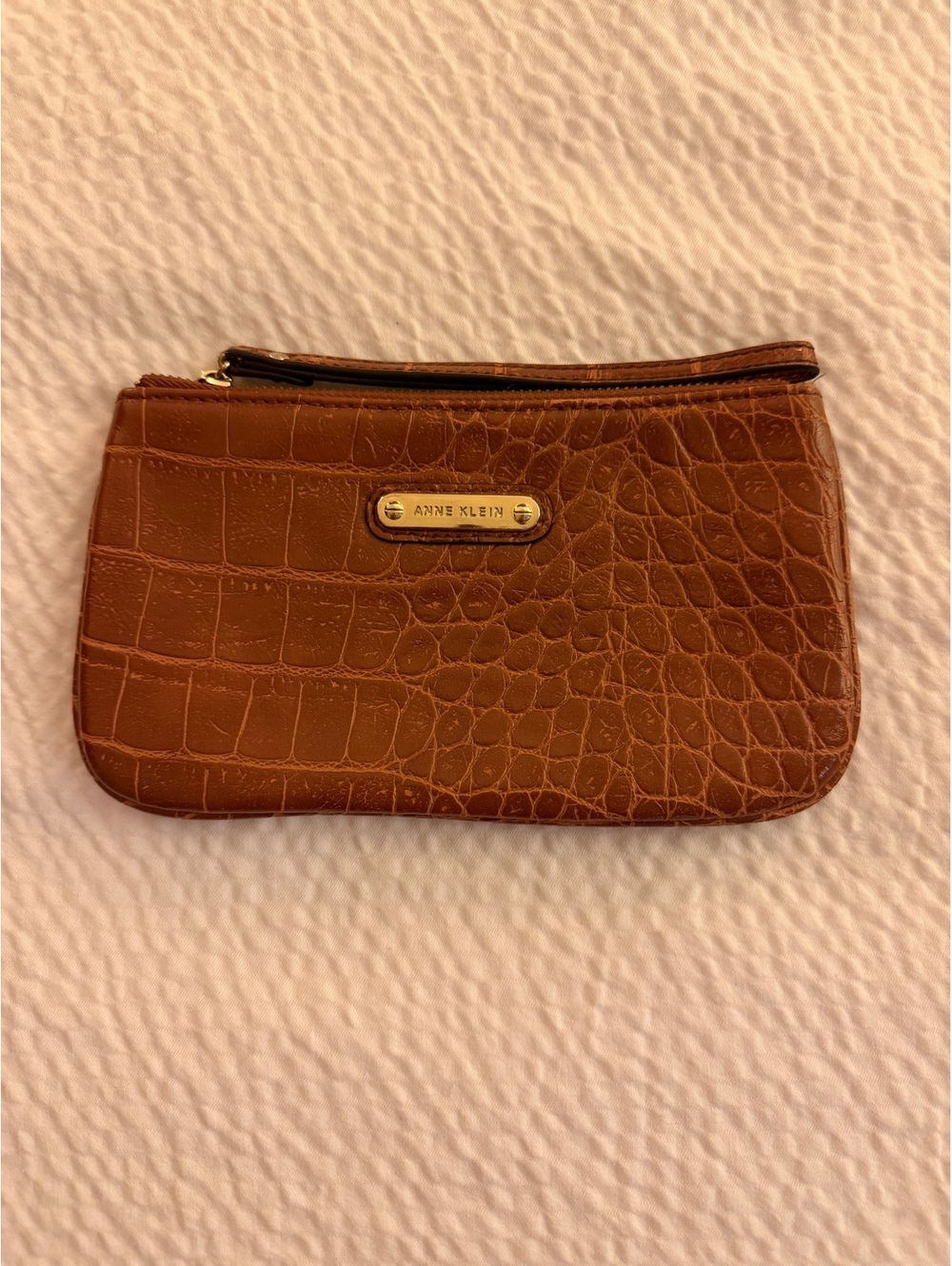 Anne Klein Brown Croc Embossed Leather Coin Wallet with Polka Dot Lining - #1535